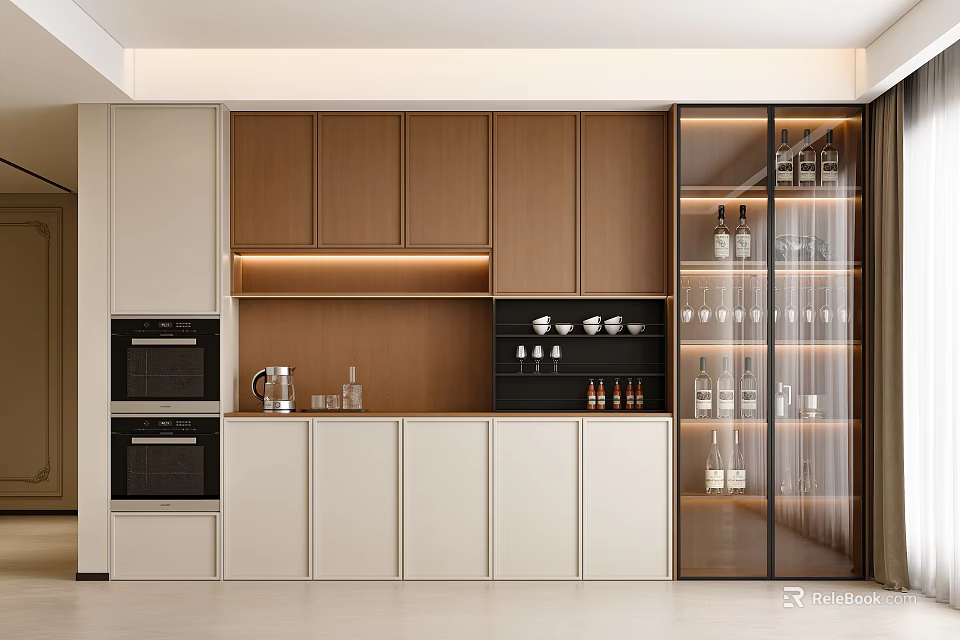 Modern Kitchen Wine Cabinet With Glass Doors Displaying Wine Bottles And Wooden Storage Shelves 3d model 