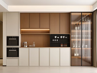 Modern Kitchen Wine Cabinet With Glass Doors Displaying Wine Bottles And Wooden Storage Shelves 3d model