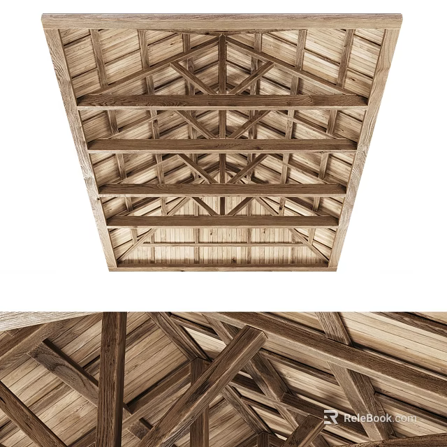 Rustic Wooden Ceiling Design With Cross Beams And Natural Wood Texture 3d model 