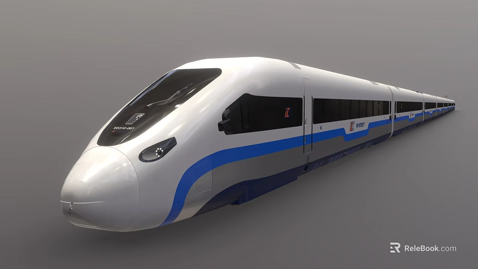Modern High Speed Train With White Body Blue Stripe Streamlined Design And Black Windows 3d model 