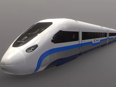 Modern High Speed Train With White Body Blue Stripe Streamlined Design And Black Windows 3d model
