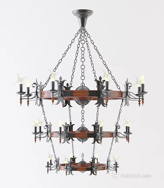 Classic Multi Tiered Chandelier With Metal Frame Wooden Accents And Candle Style Bulbs 3d model 