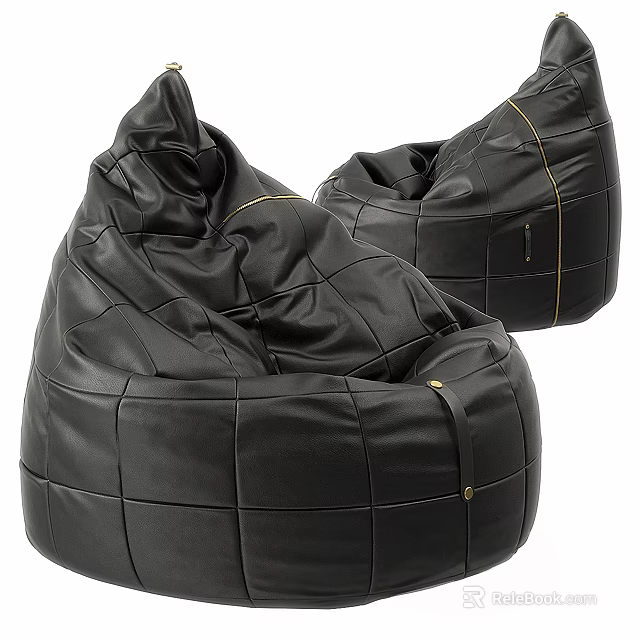 Black Leather Bean Bag Chair With Grid Stitching And Gold Accents 3d model 