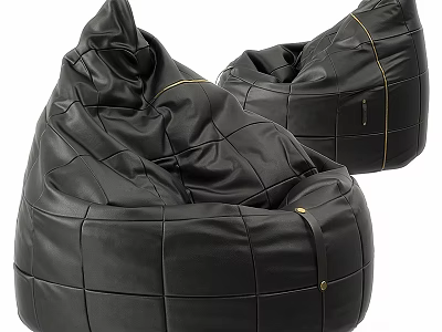 Black Leather Bean Bag Chair With Grid Stitching And Gold Accents 3d model
