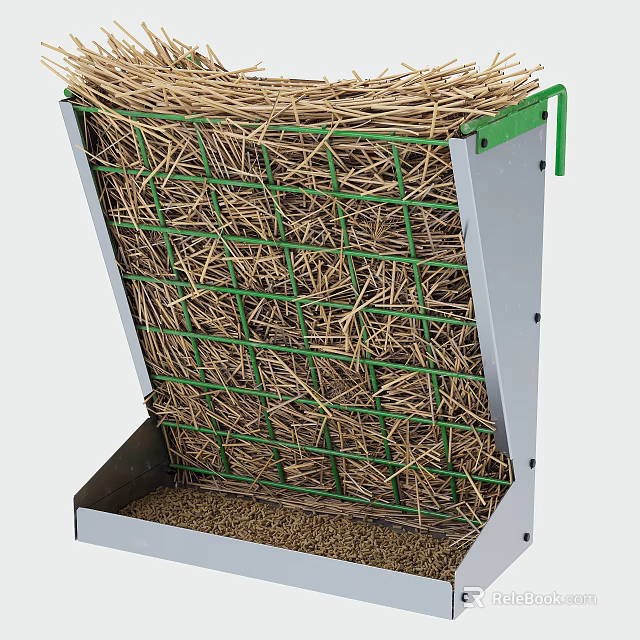 Hay Feeder with Green Metal Frame and Bottom Tray for Livestock Feeding 3d model 