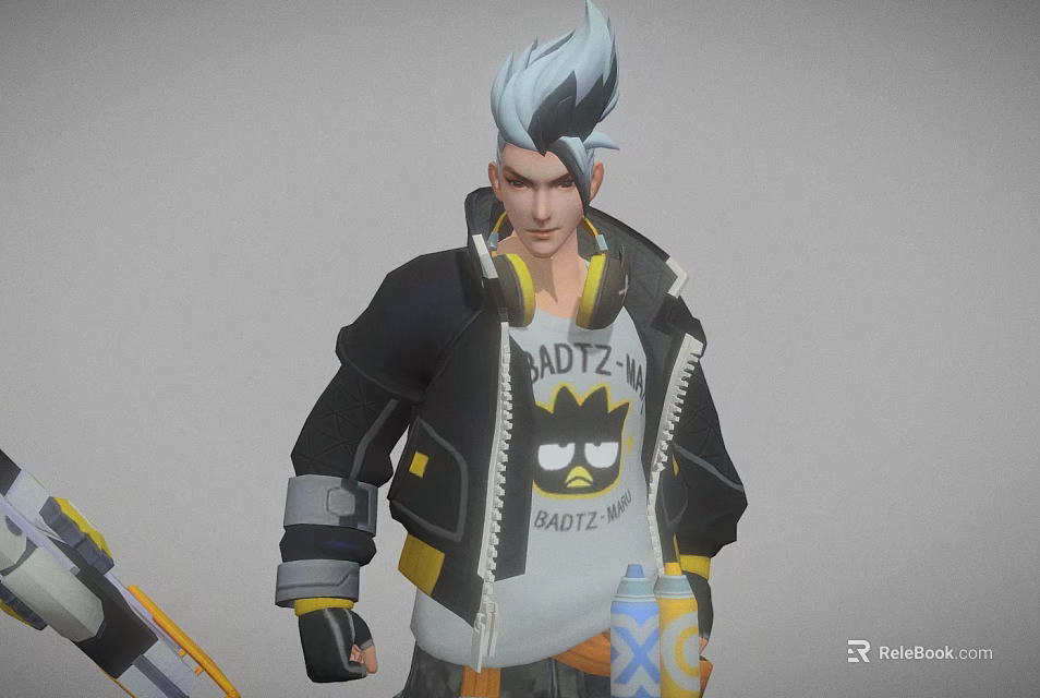 Man With White Hair In Black Jacket White T-Shirt With BADTZ-MARU Cartoon Graphic Holding Weapon 3d model 