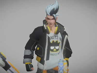 Man With White Hair In Black Jacket White T-Shirt With BADTZ-MARU Cartoon Graphic Holding Weapon 3d model
