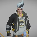 Man With White Hair In Black Jacket White T-Shirt With BADTZ-MARU Cartoon Graphic Holding Weapon