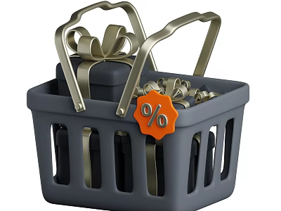 Decorative Ornament Set Featuring Shopping Basket Gift Boxes With Gold Ribbons And Percentage Sign 3d model