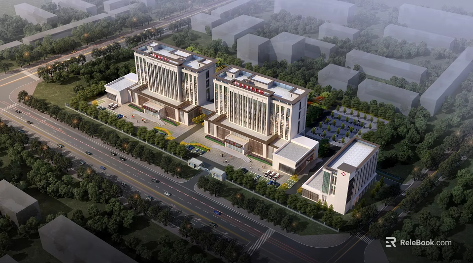 Modern Hospital Building Exterior Design With Multiple Floors Greenery Parking Lot And Road 3d model 
