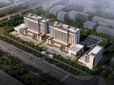 Modern Hospital Building Exterior Design With Multiple Floors Greenery Parking Lot And Road 3d model