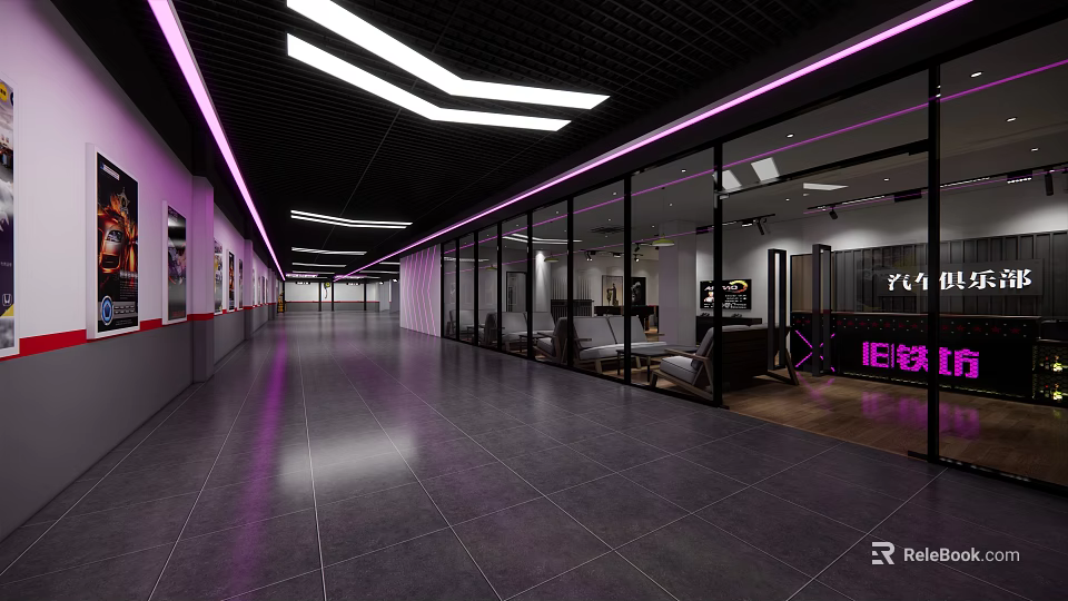 Modern Car Showroom Interior With Purple Lighting Glass Partitions And Spacious Design 3d model 