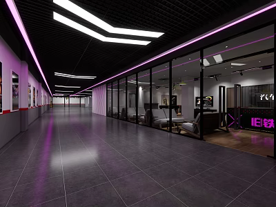 Modern Car Showroom Interior With Purple Lighting Glass Partitions And Spacious Design 3d model