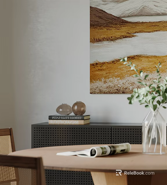 Restaurant Interior With Wall Art Black Cabinet Books Spherical Decor Glass Vase And Green Plants 3d model 