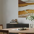 Restaurant Interior With Wall Art Black Cabinet Books Spherical Decor Glass Vase And Green Plants