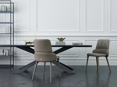 Modern Dining Table Set with Black Top Light Gray Upholstered Chairs and White Wall Shelf 3d model
