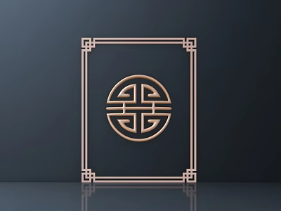 Chinese Traditional Carving Art With Golden Circular Pattern And Square Frame On Dark Background 3d model