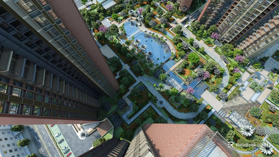 Residential Landscape Featuring High Rise Buildings Swimming Pool Greenery Garden Paths Trees and Purple Flowers 3d model 