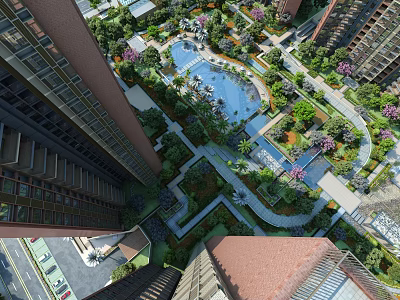 Residential Landscape Featuring High Rise Buildings Swimming Pool Greenery Garden Paths Trees and Purple Flowers 3d model