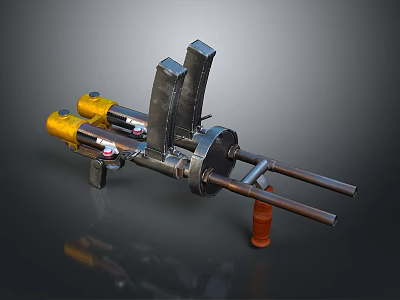 Detailed Design of Multi Barrel Weapon With Mechanical Structure Yellow Silver Components And Support Base 3d model