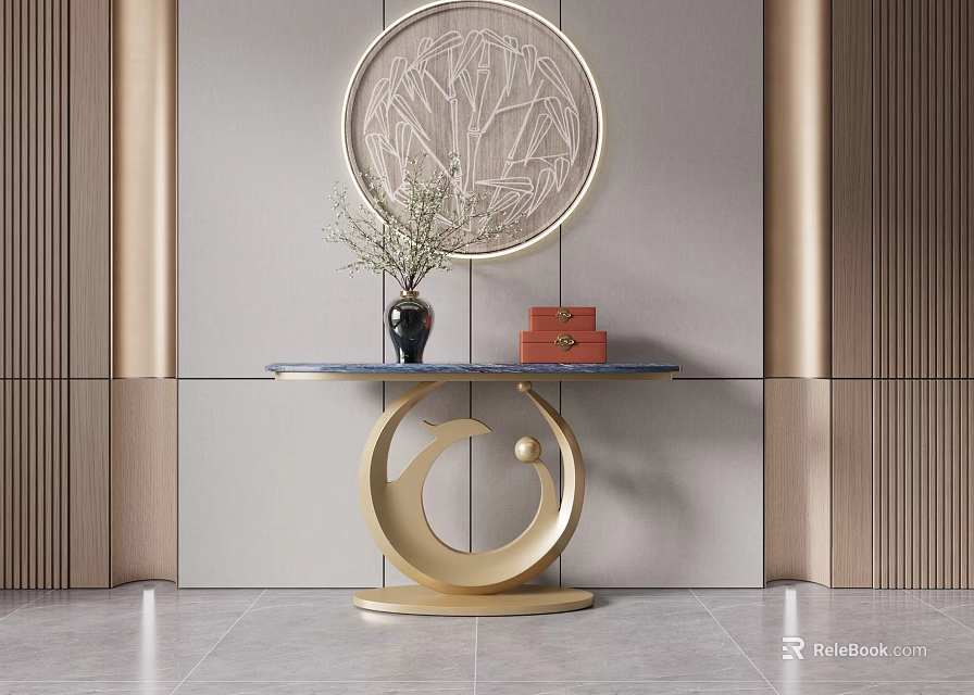 Elegant Modern Entryway Console Table With Golden Frame Circular Decor And Decorative Vase Plant 3d model 