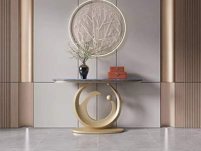 Elegant Modern Entryway Console Table With Golden Frame Circular Decor And Decorative Vase Plant 3d model