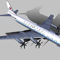 Classic Passenger Aircraft With Four Propellers And Blue White Red Stripes