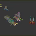 Game Movie Character Design Of Multiple Mechanical Insects With Metallic Wings And Yellow Gray Accents