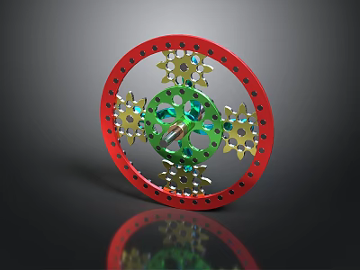 Mechanical Gear Device With Red Outer Ring Green Central Component And Gold Gears 3d model