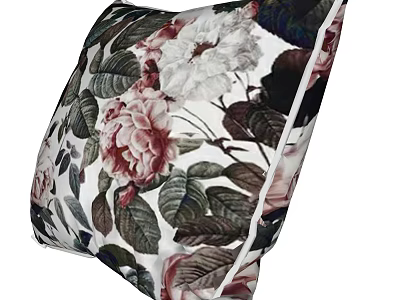 Decorative Throw Pillow With Pink And White Floral Pattern And Dark Green Leaves 3d model
