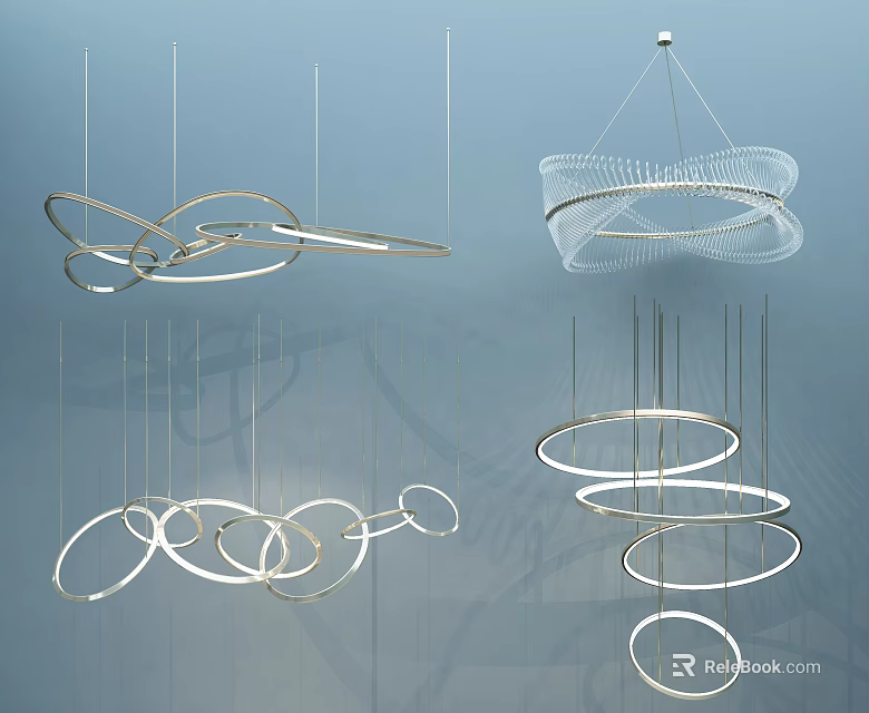 Modern Chandeliers With Curved Metal Frames And Circular Ring Designs For Contemporary Interiors 3d model 