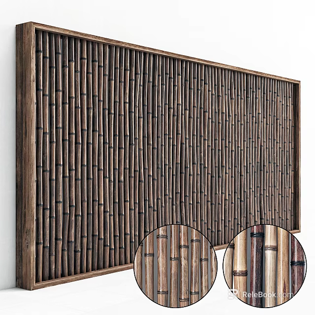 Bamboo Room Divider With Vertical Slats And Wooden Frame For Interior Decor 3d model 