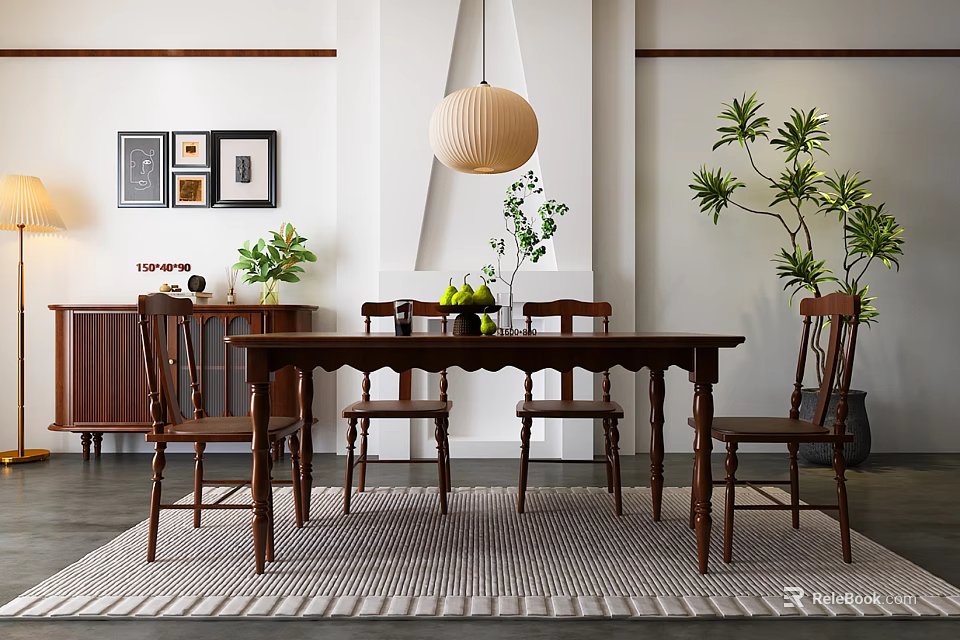Wooden Dining Table And Chairs Set With Hanging Pendant Light Green Plants And White Walls 3d model 
