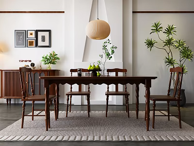 Wooden Dining Table And Chairs Set With Hanging Pendant Light Green Plants And White Walls 3d model