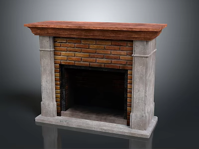Traditional Brick Fireplace With Wooden Mantel And Stone Frame For Home Interior Design 3d model