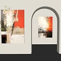 Abstract Wall Art With Red White Black Beige Colors Near Archway And Green Plant