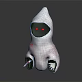 Cartoonish White Hooded Carved Sculpture With Black Face Red Eyes Red Patterns And Clawed Hands