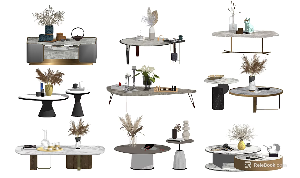 Various Modern Coffee Table Designs With Marble Tops Metal Frames And Decorative Plants 3d model