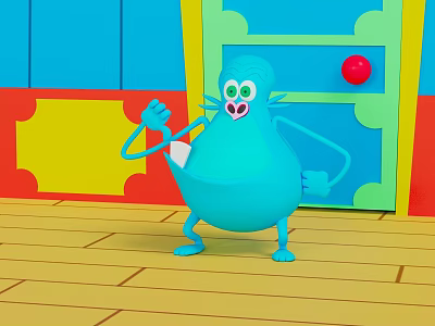 Blue Round Cartoon Creature with Big Eyes Standing in Colorful Room on Yellow Wooden Floor 3d model