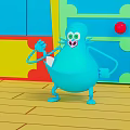 Blue Round Cartoon Creature with Big Eyes Standing in Colorful Room on Yellow Wooden Floor