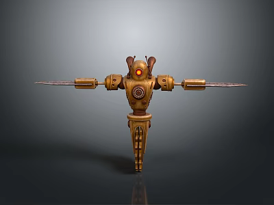 Golden Biomechanical Robot Character With Animal Ears Red Eyes And Outstretched Arms 3d model