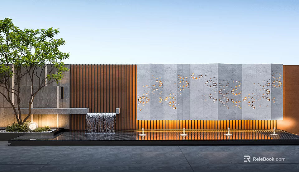 Modern Outdoor Courtyard Design With Wooden Panel Gray Stone Wall And Perforated Patterns Water Feature 3d model 