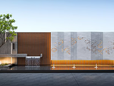 Modern Outdoor Courtyard Design With Wooden Panel Gray Stone Wall And Perforated Patterns Water Feature 3d model
