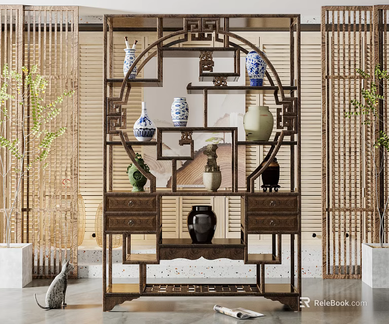 Chinese Traditional Curio Shelf with Porcelain Vases and Wooden Frame in Oriental Room 3d model 
