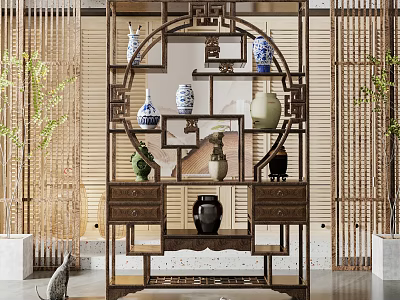 Chinese Traditional Curio Shelf with Porcelain Vases and Wooden Frame in Oriental Room 3d model