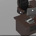 Dark Brown Wooden Office Desk With Black Leather Chairs And Computer Monitor Documents Deer Figurine