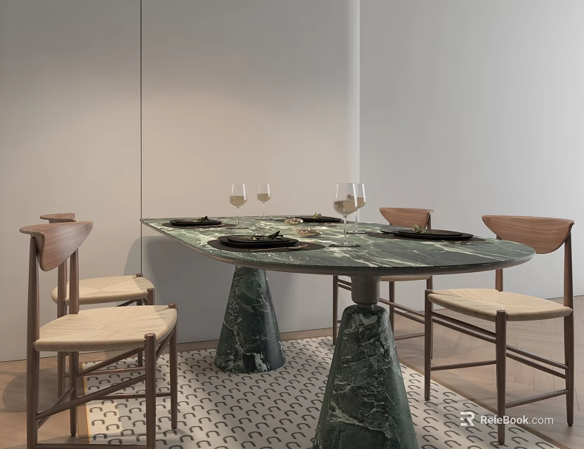 Modern Green Marble Table and Chair Set with Conical Legs Light Cushions and Geometric Rug 3d model 
