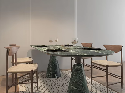 Modern Green Marble Table and Chair Set with Conical Legs Light Cushions and Geometric Rug 3d model