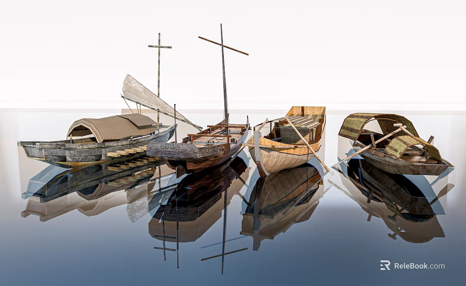 Traditional Wooden Boats With Sails And Oars Floating On Calm Water With Reflections 3d model 