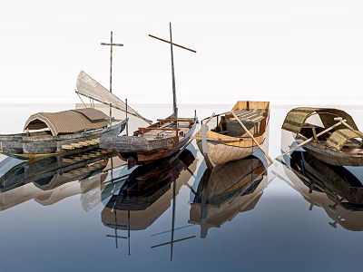 Traditional Wooden Boats With Sails And Oars Floating On Calm Water With Reflections 3d model